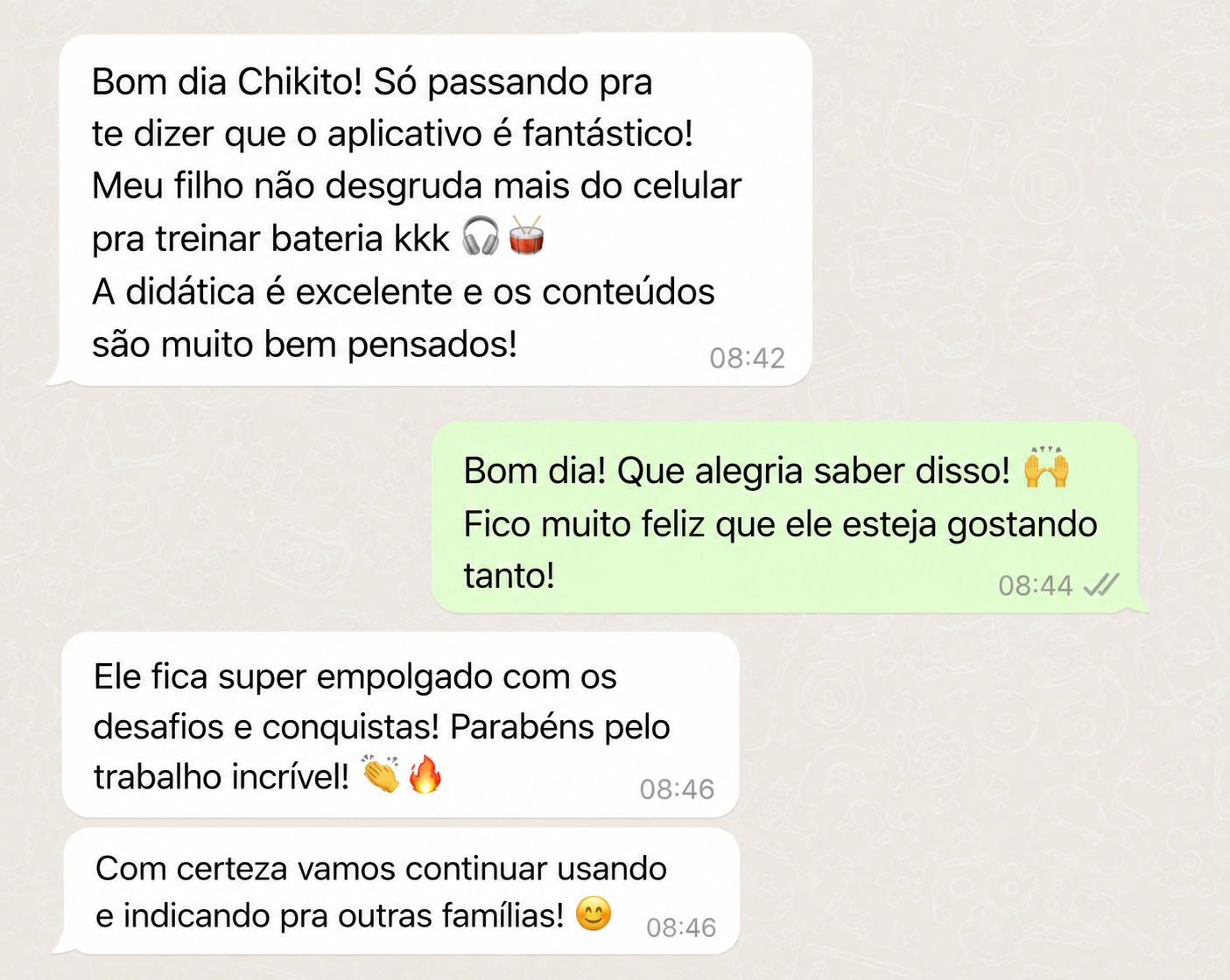 Print de conversa no WhatsApp: mãe elogiando a didática do aplicativo