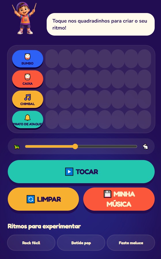 Tela do app onde a criança toca nos quadradinhos para criar o próprio ritmo