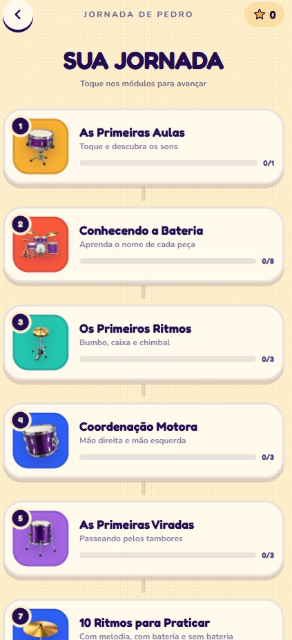 Tela da jornada musical com módulos, progresso e estrelas conquistadas