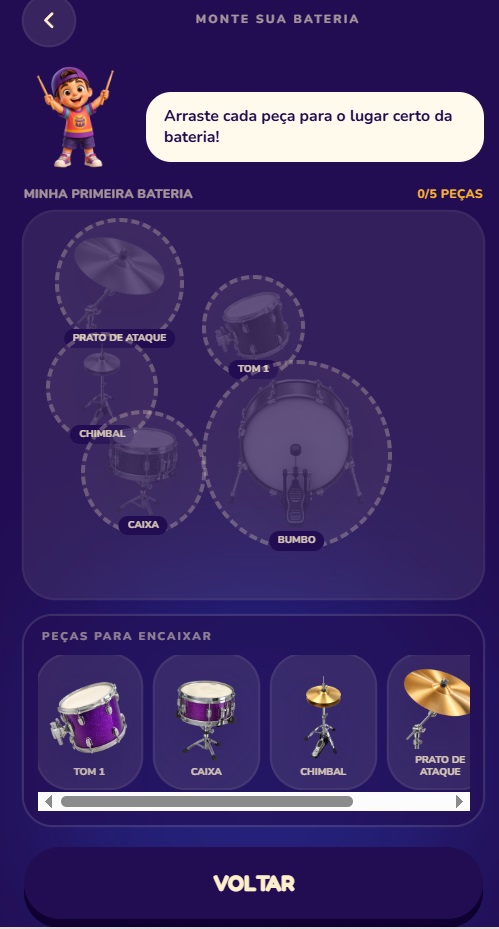 Tela do quebra-cabeça musical onde a criança monta a bateria peça por peça