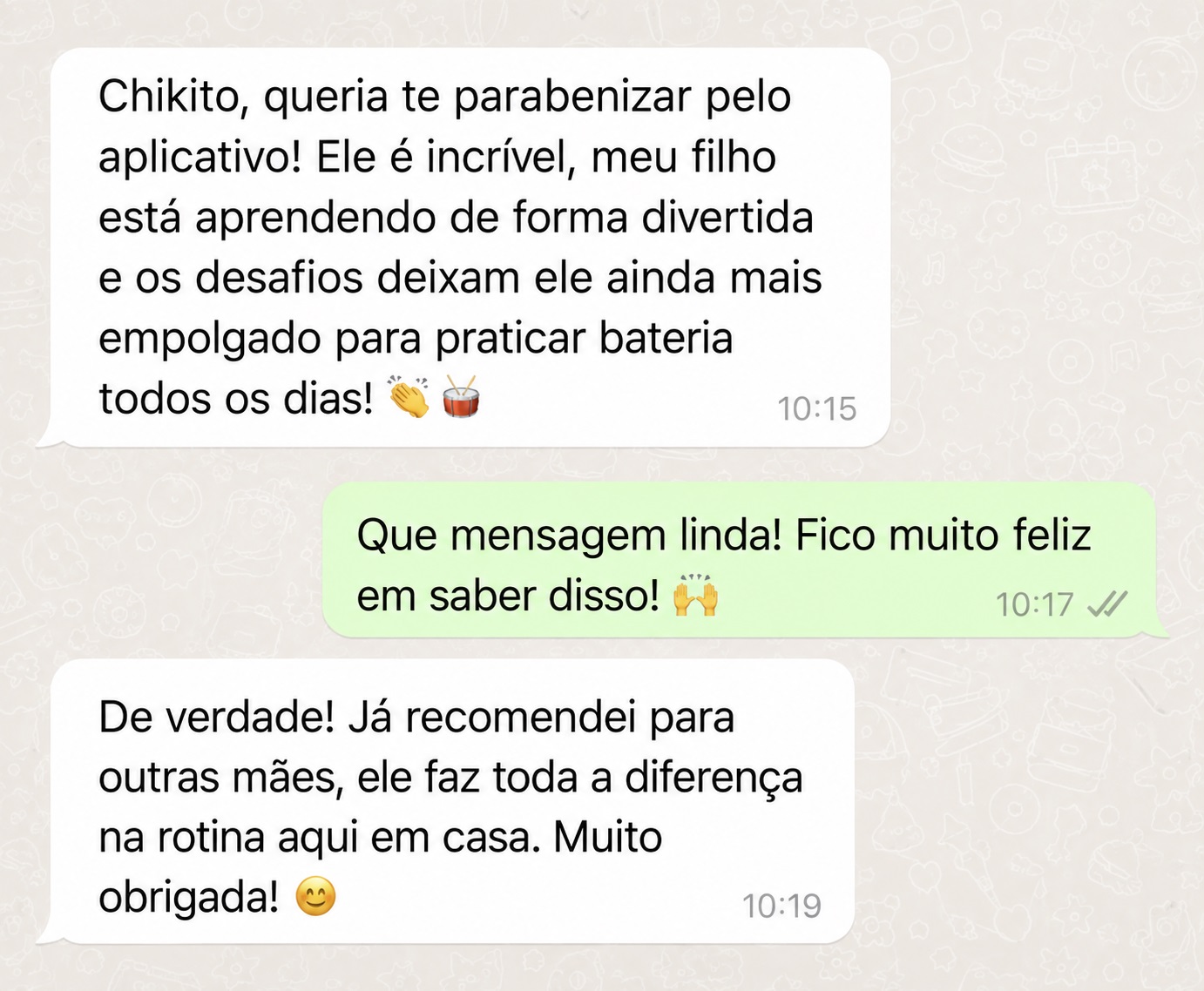 Print de conversa no WhatsApp: mãe parabenizando pelo aplicativo
