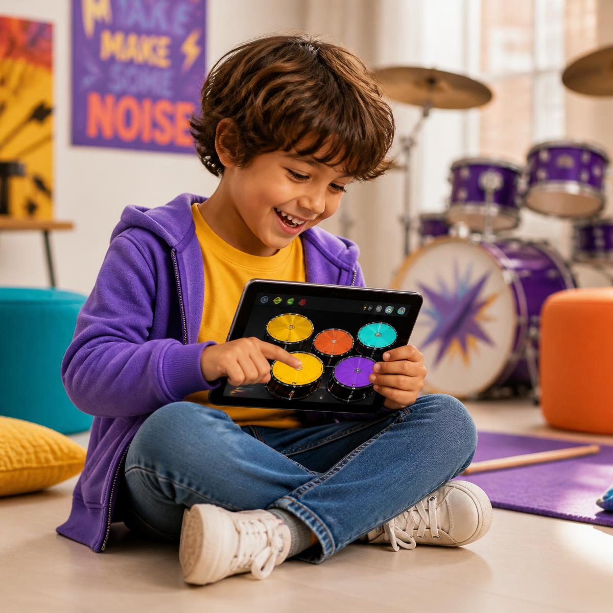 Criança sorrindo enquanto toca a bateria no app Pequenos Bateristas em um tablet