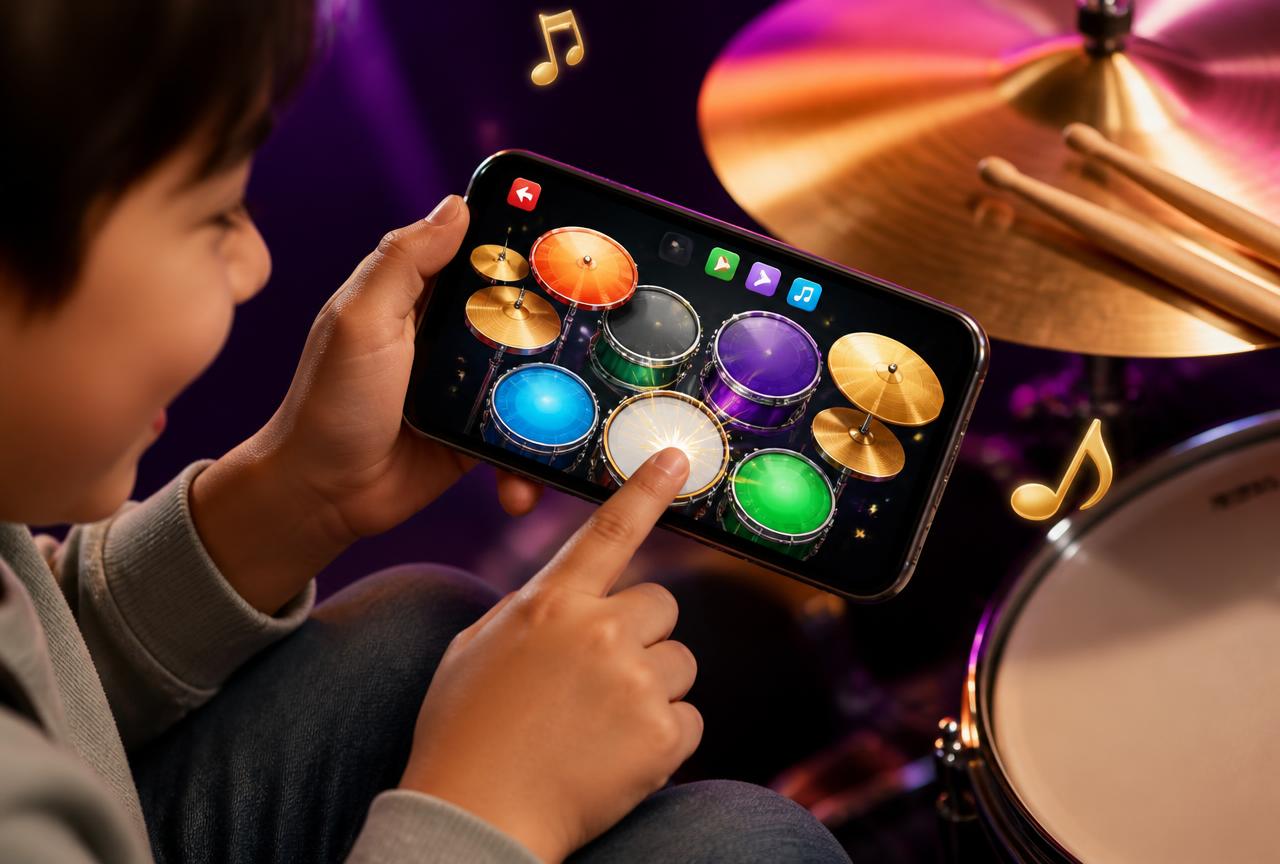 Mãos de uma criança tocando a bateria no celular com uma bateria real ao fundo